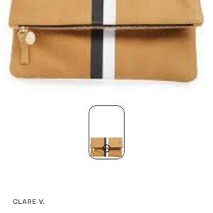 Clare V Tan Foldover Clutch with Black and White Stripe